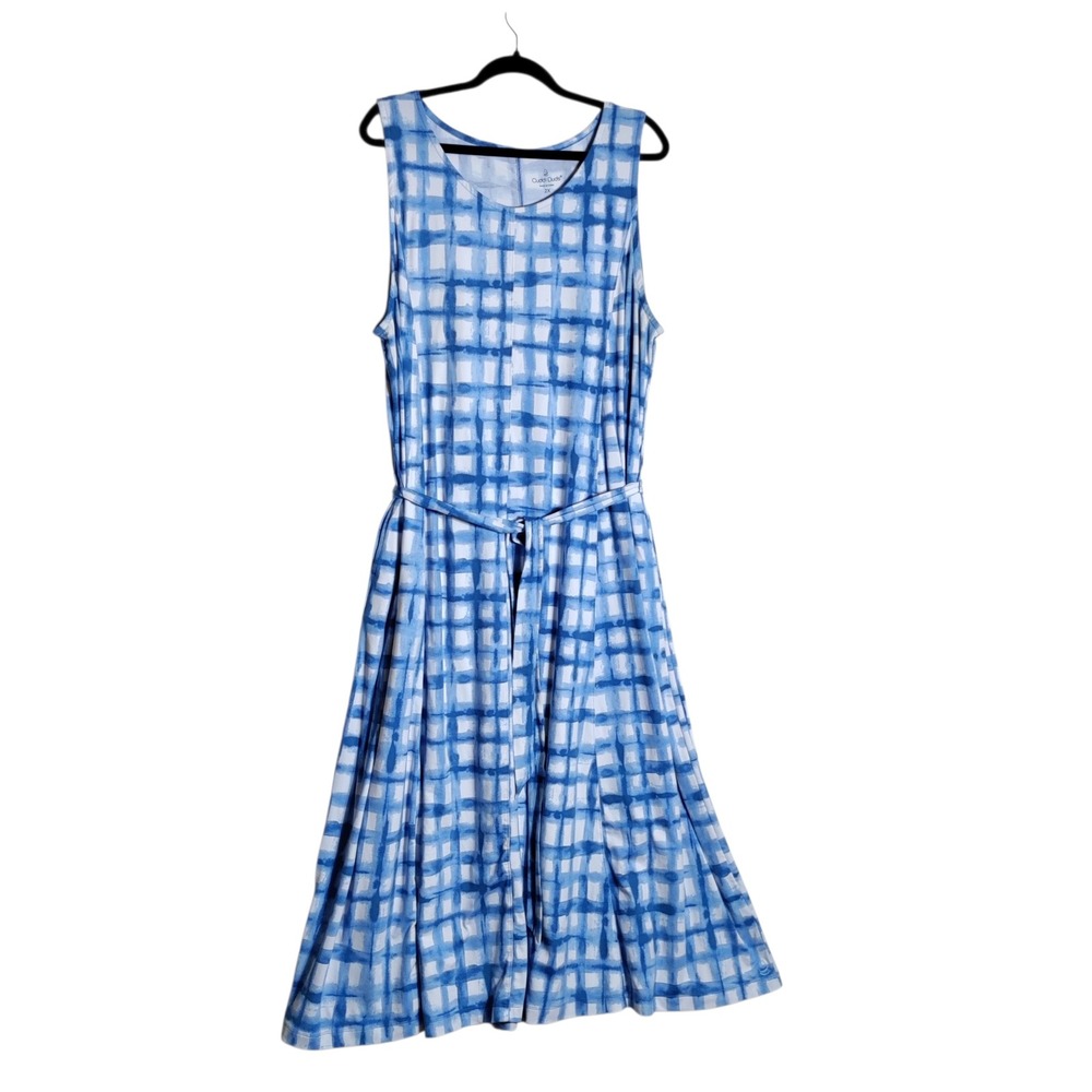 Cuddl Duds Womens 2X Blue White Watercolor Check Sleeveless Belted Midi Dress